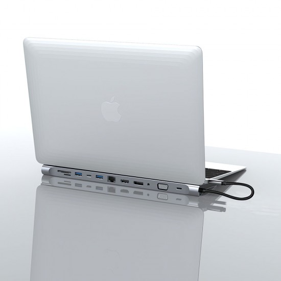 Hub Type-C Motrix 11 in 1 expansion dock SD/TF Card Reader 1xHDMI 1xDisplayPort 3xUSB 3.0 1xVGA 1xRJ45 Gigabit Ethernet 1xAudio Jack 3,5 mm pentru MacBook Pro / Air