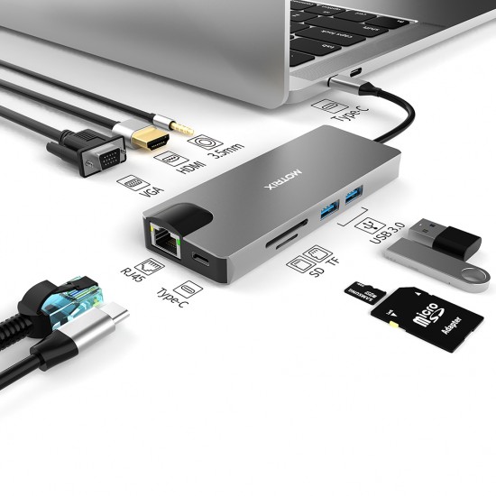 Hub USB Motrix Type-C la 1xVGA, 1xHDMI, 1xRJ45 Gigabit Ethernet, 2xUSB3.0, 1xSD card reader, 1xTF card reader, 1xPower Delivery, 1xAudio Jack compatibil Windows, MacOS