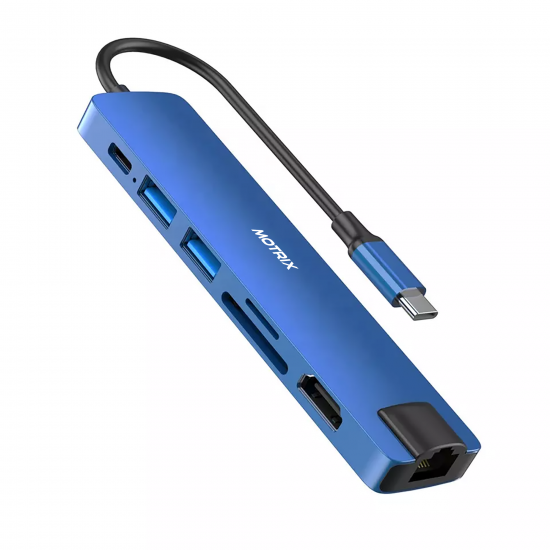 Hub adaptor Motrix USB Type-C la 1xEthernet RJ45, 1xSD Card Reader, 1xTF Card Reader, 2xUSB3.0, 1xHDMI, 1xPower Delivery port, albastru