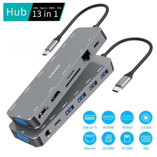 Hub USB Type-C Motrix® 2xHDMI 1xVGA 3xUSB 3.0 1xUSB 2.0 SD/Micro SD Card Reader 1xRJ45 Gigabit Ethernet 1xPower Delivery 1xUSB Type-C data 1xAudio/Mic Jack 3,5 mm compatibil Windows, MacOS