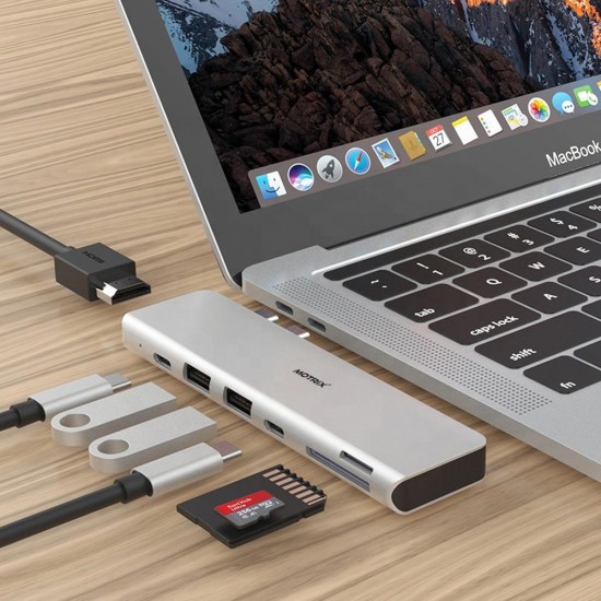 Hub adaptor Motrix® USB Type-C la 1xHDMI, 2xUSB3.0, 1x Type-C, 1xPower Delivery, 1xMicroSD Card Reader, 1xSD Card Reader pentru MacBook