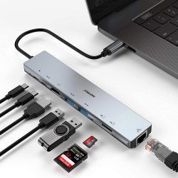 Hub adaptor Motrix® USB Type-C la 1xEthernet RJ45, 1xSD Card Reader, 1xTF Card Reader, 2xUSB3.0, 1xHDMI, 1xType-C Thunderbolt 3, 1xPower Delivery port