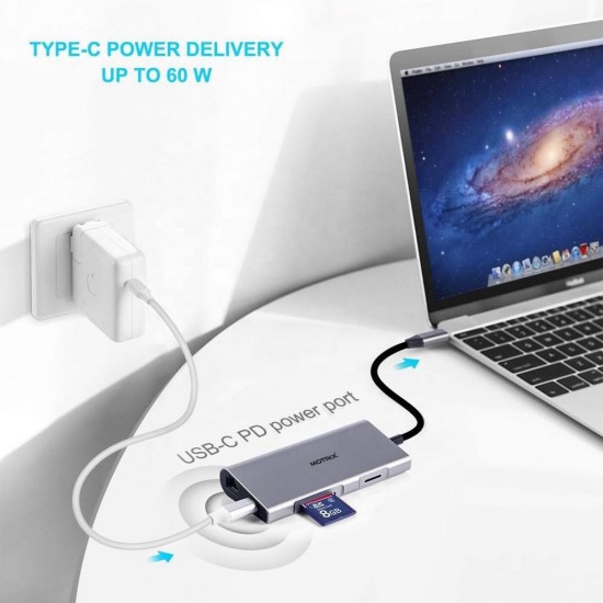 Hub adaptor Motrix® USB Type-C la 3xUSB3.0, 1xHDMI, 1xPower Delivery port, 1xGigabit Ethernet RJ45 pentru MacBook, Google Chromecast TV 4K
