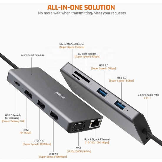 Hub adaptor Motrix® USB Type-C la 1xHDMI, 1xVGA, 1xRJ45 Gigabit Ethernet, 2xUSB2.0, 2xUSB3.0, 1xPower Delivery 3.0, 1xSD card reader, 1xMicro SD card reader, 1xAudio Jack 3,5mm