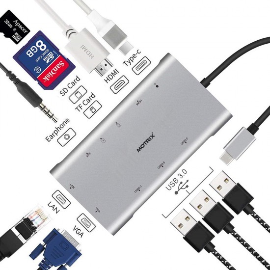 Hub adaptor Motrix® USB Type-C la 3xUSB3.0, 1xVGA, 1xGigabit Ethernet RJ45, 1xAudio Jack, 1xSD Card Reader, 1xTF Card Reader, 1xHDMI, 1xPower Delivery port, compatibil Macbook Pro, MacBook Air